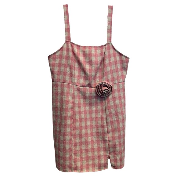 Cider Pink Gingham Square Neck Rosette Check Split Mini Dress Curve & Plus 1XL - Picture 13 of 13